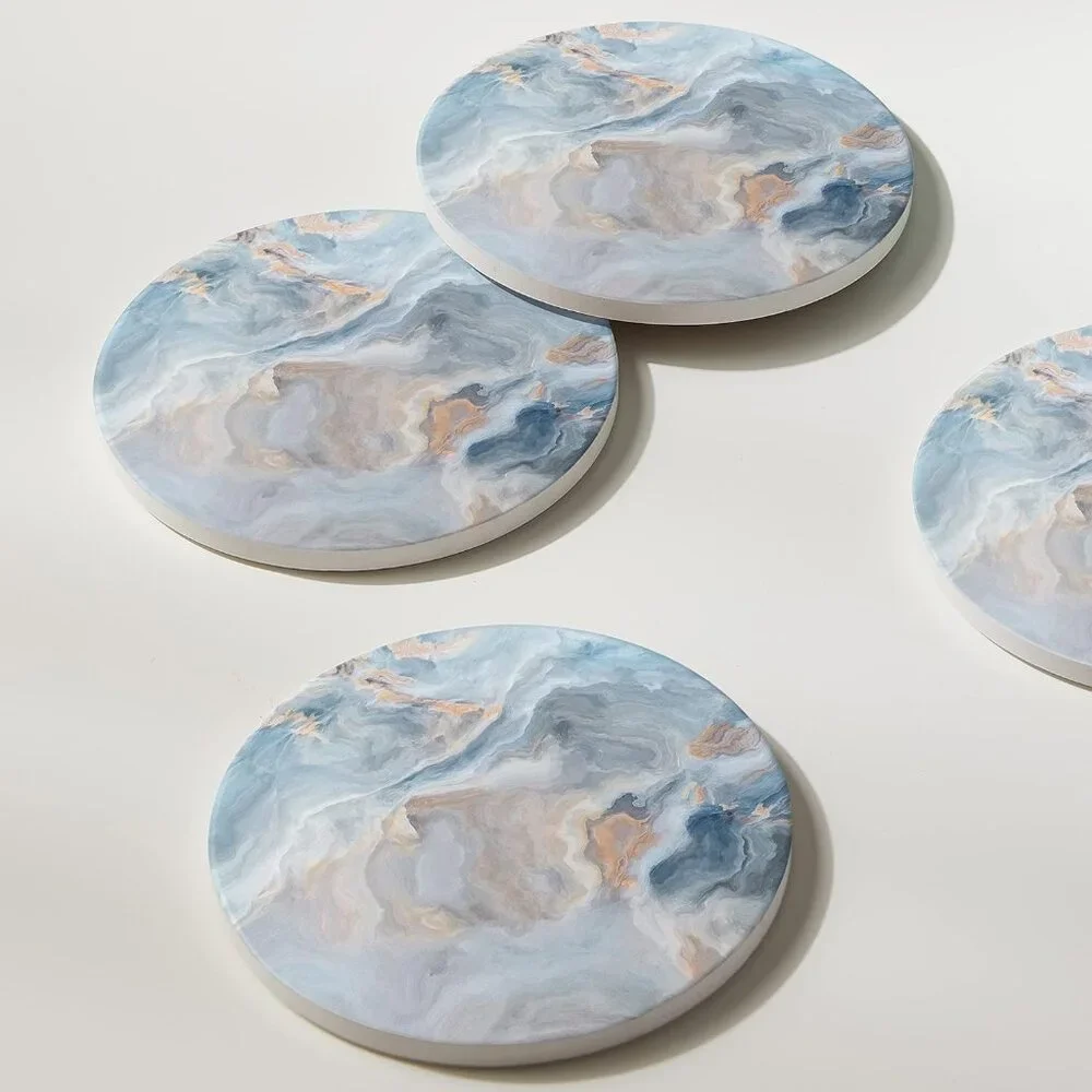 Set of 6 Abstract Blue Marble Coasters with Holder, Absorbent Ceramic Coasters f